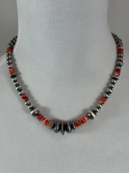 Red Spiny and Sterling Silver Varied Necklace