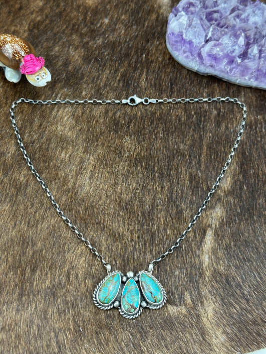 Kingman Turquoise 3 Stone Fixed Pendant Necklace