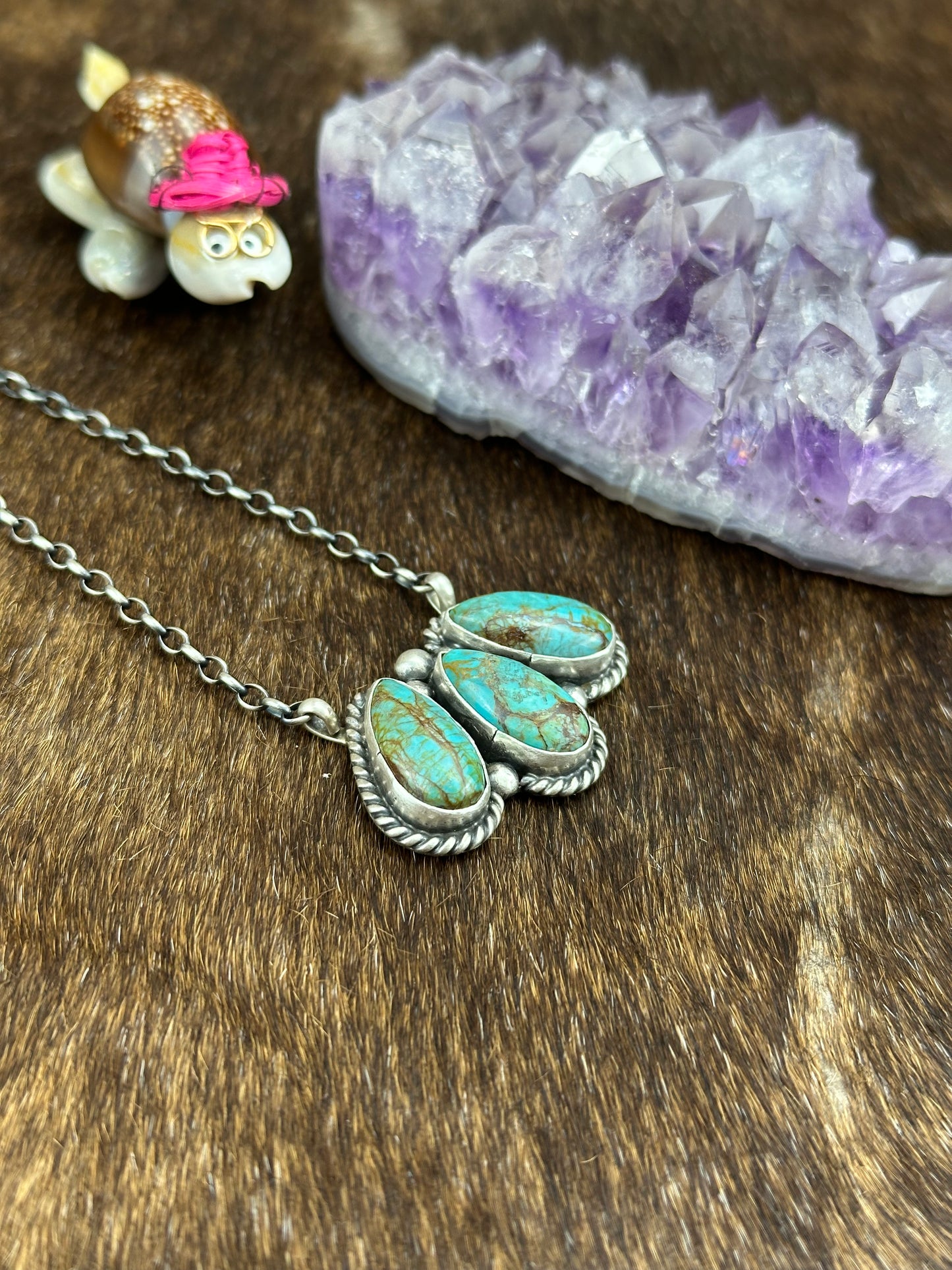 Kingman Turquoise 3 Stone Fixed Pendant Necklace