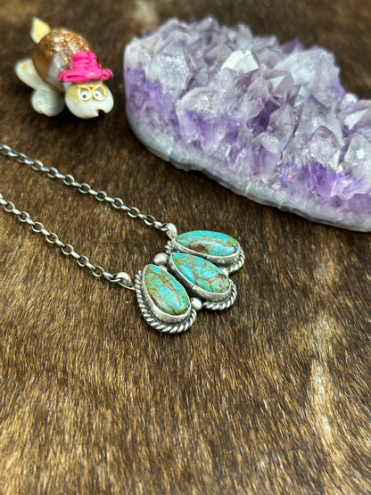 Kingman Turquoise 3 Stone Fixed Pendant Necklace