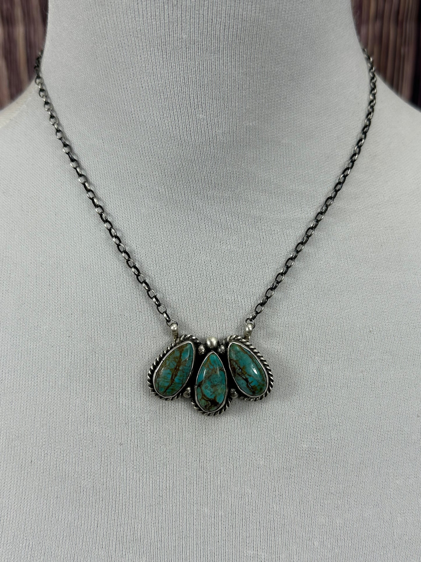 Kingman Turquoise 3 Stone Fixed Pendant Necklace