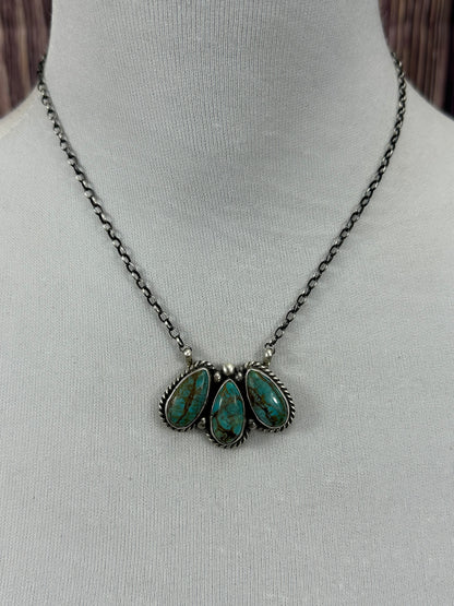 Kingman Turquoise 3 Stone Fixed Pendant Necklace