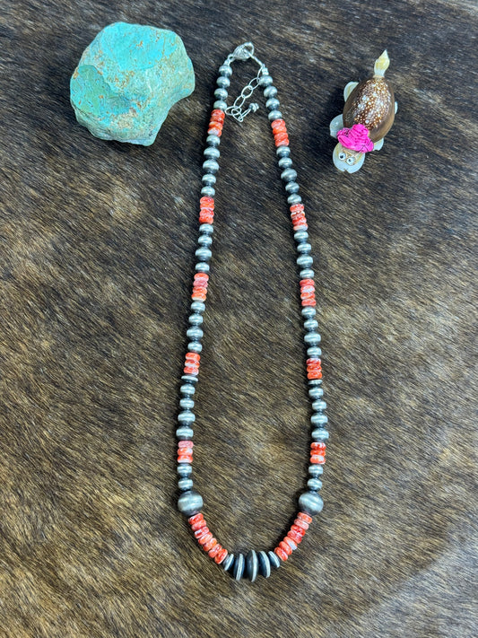 Red Spiny and Sterling Pearl Necklace