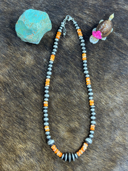 Orange Spiny and Sterling Pearl Necklace
