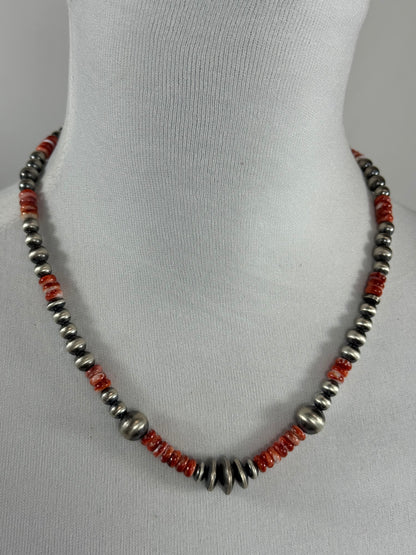 Red Spiny and Sterling Pearl Necklace