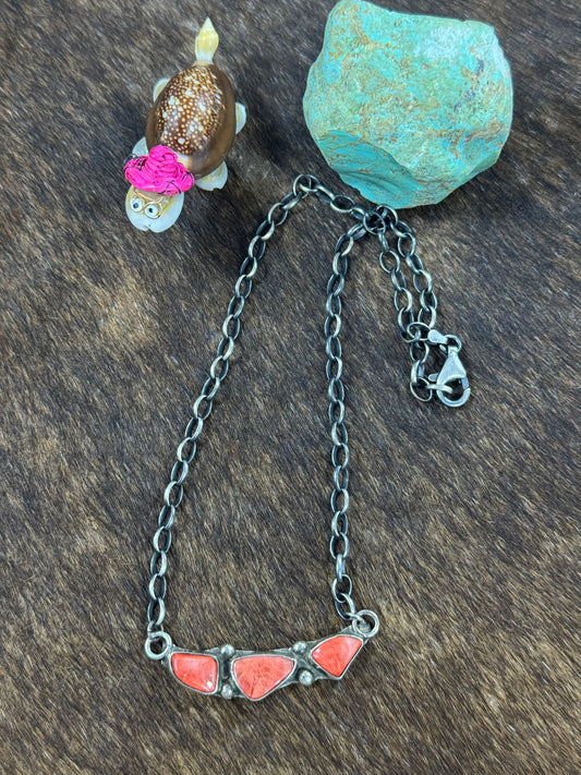 Red Spiny 3 Stone Bar Necklace