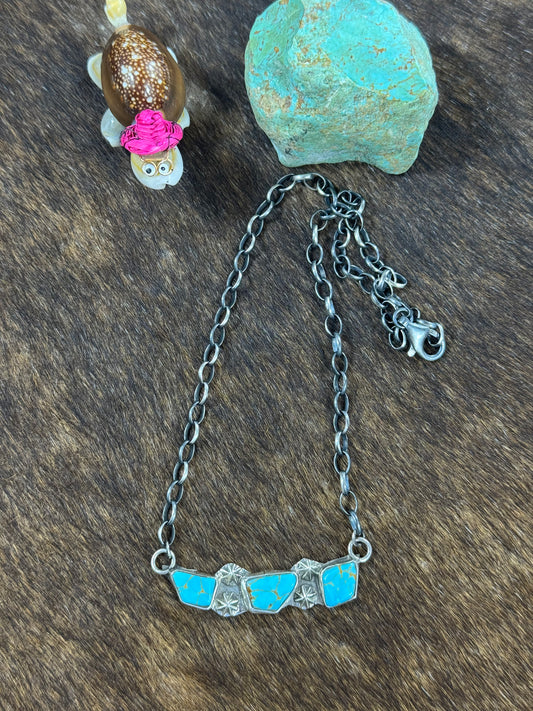 Kingman Turquoise 3 Stone Bar Necklace