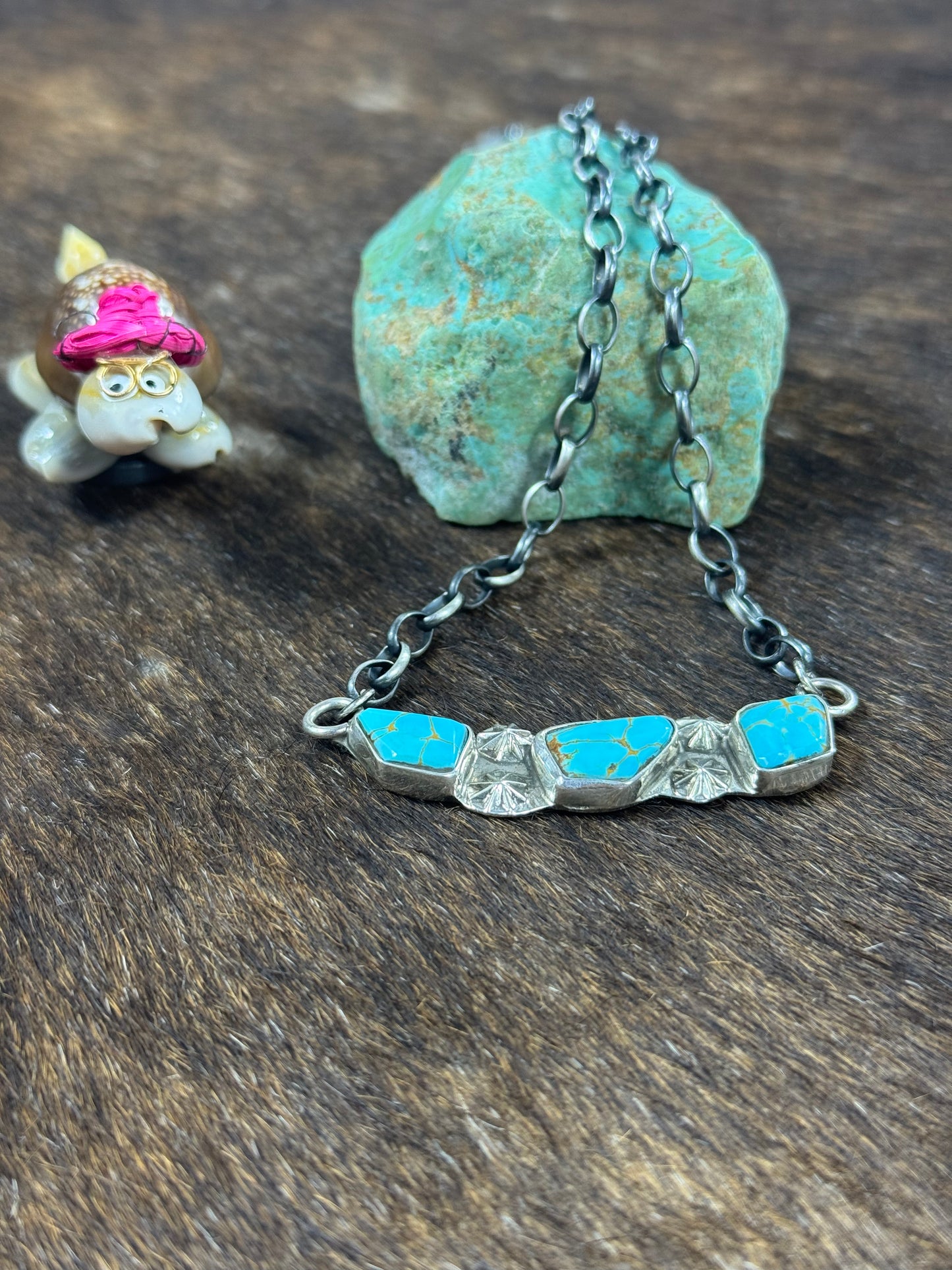 Kingman Turquoise 3 Stone Bar Necklace