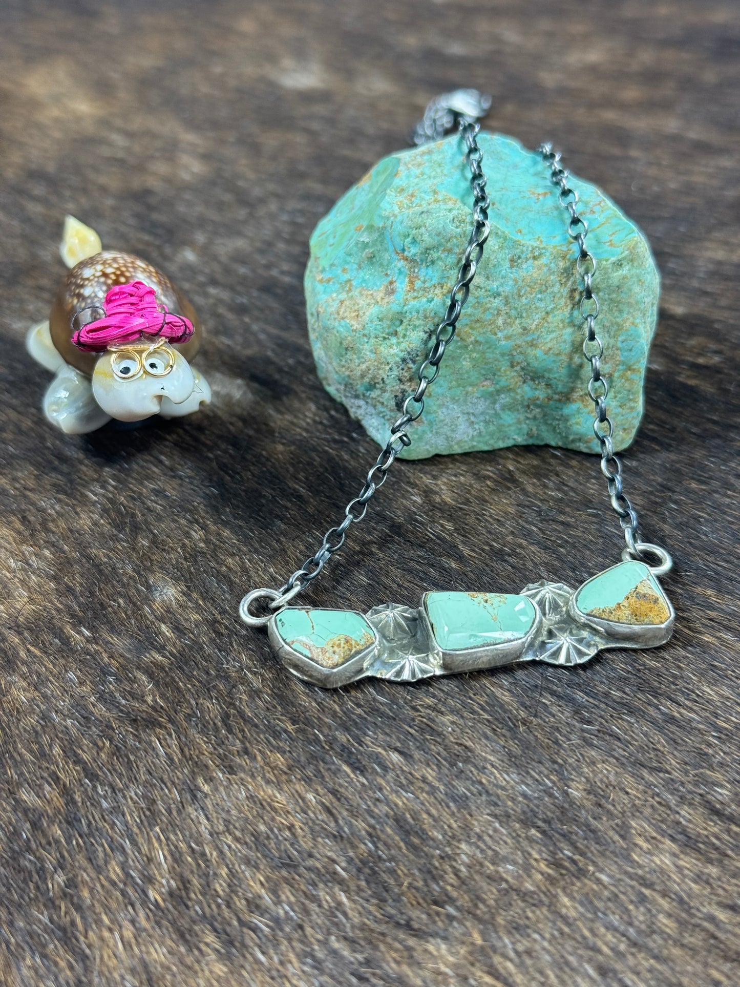 Kingman Turquoise 3 Stone Bar Necklace