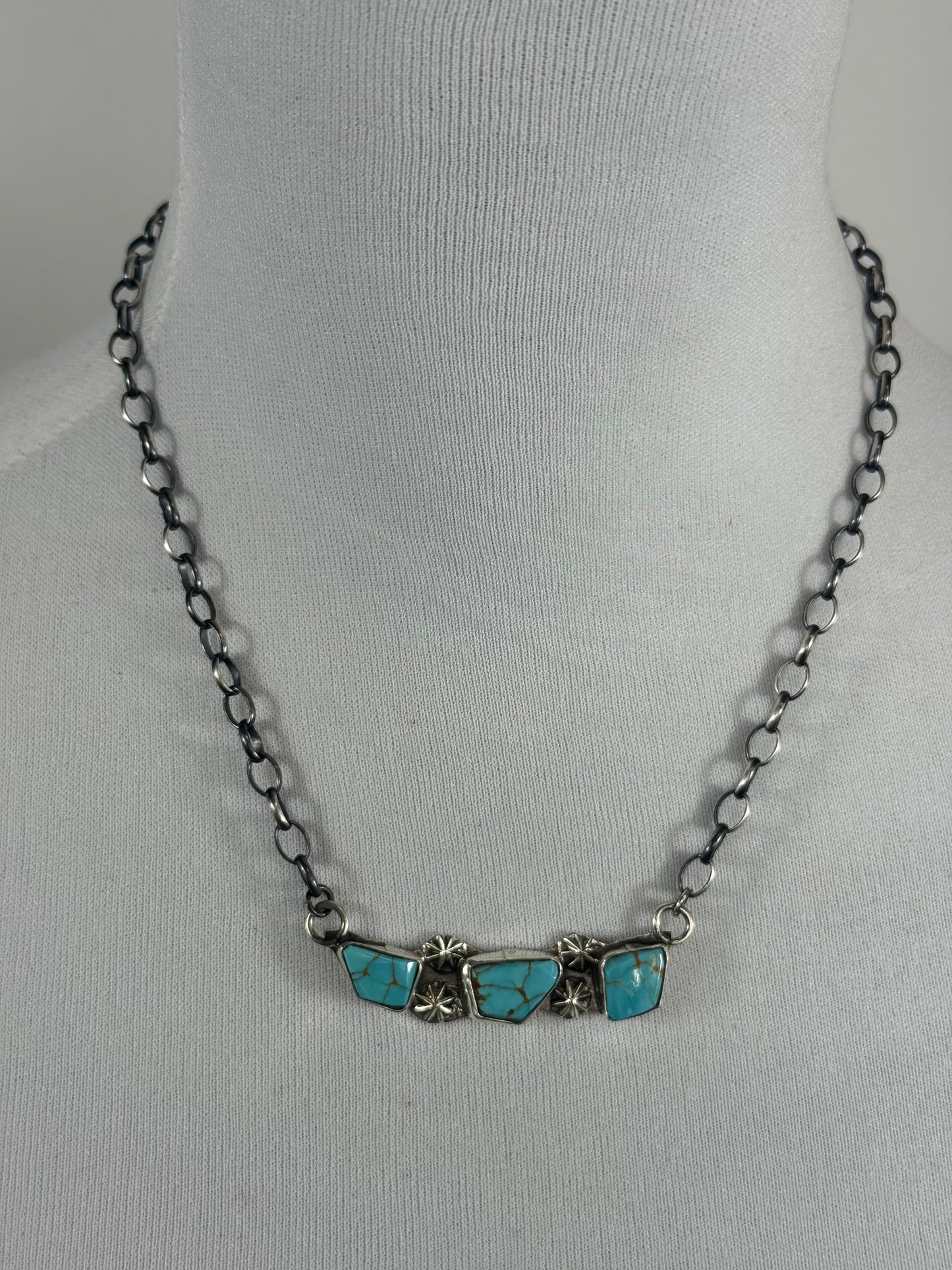 Kingman Turquoise 3 Stone Bar Necklace