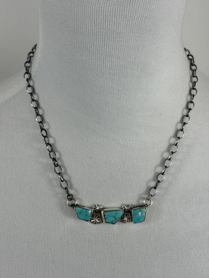Kingman Turquoise 3 Stone Bar Necklace