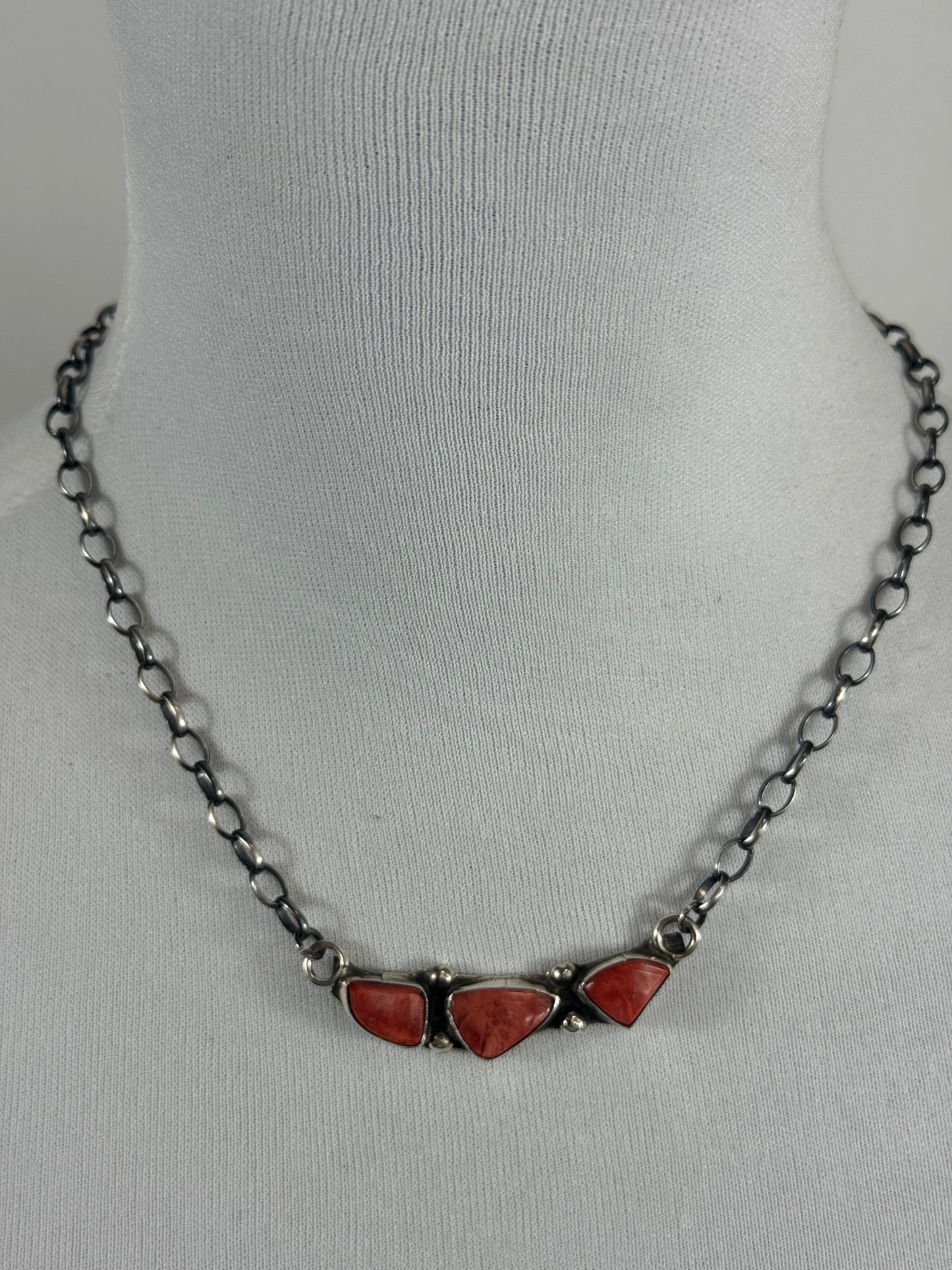 Red Spiny 3 Stone Bar Necklace