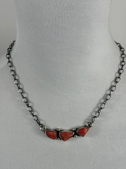 Red Spiny 3 Stone Bar Necklace
