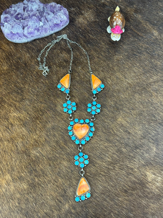 Spiny Oyster and Kingman Turquoise Lariat Necklace