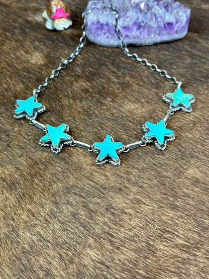 Kingman Turquoise 5 Stone Sterling Silver Star Choker