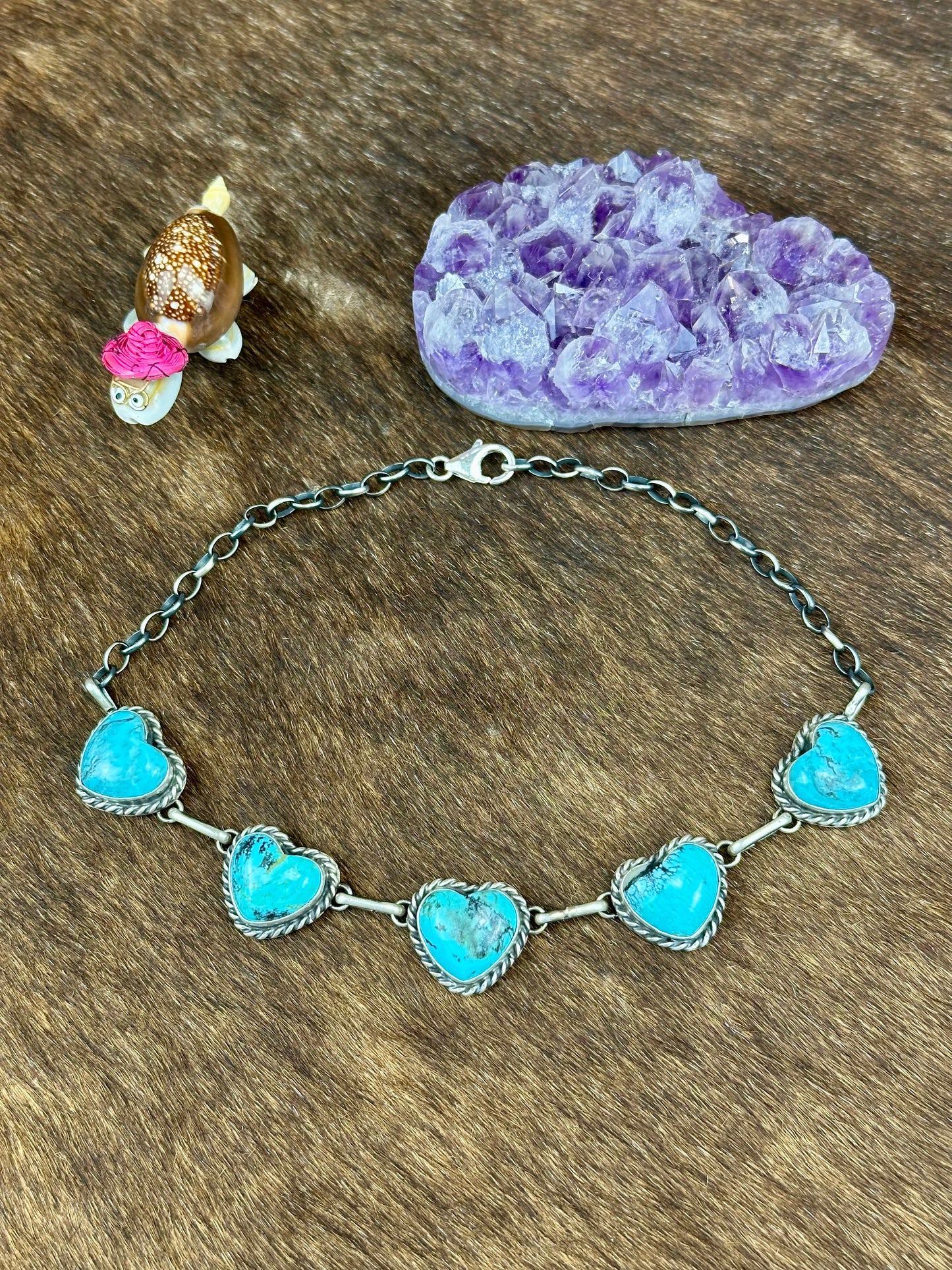 Kingman Turquoise  5 Stone Sterling Silver Heart Choker