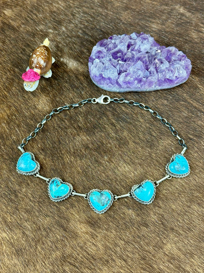 Kingman Turquoise  5 Stone Sterling Silver Heart Choker