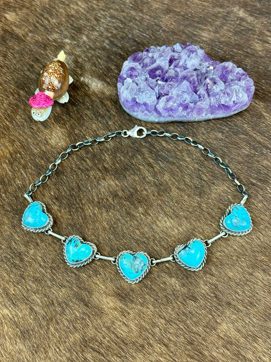 Kingman Turquoise  5 Stone Sterling Silver Heart Choker