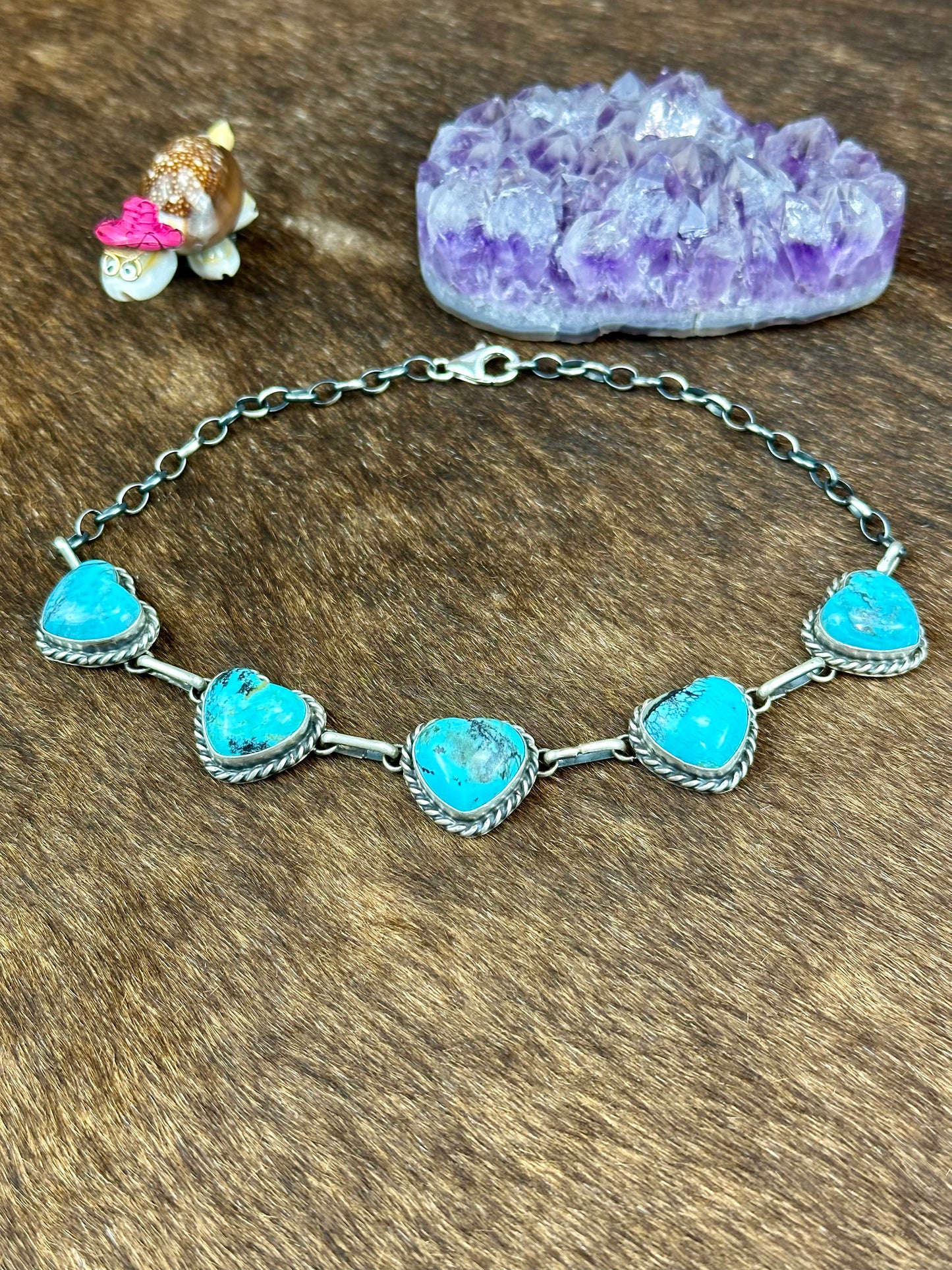 Kingman Turquoise  5 Stone Sterling Silver Heart Choker