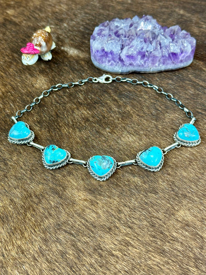 Kingman Turquoise  5 Stone Sterling Silver Heart Choker