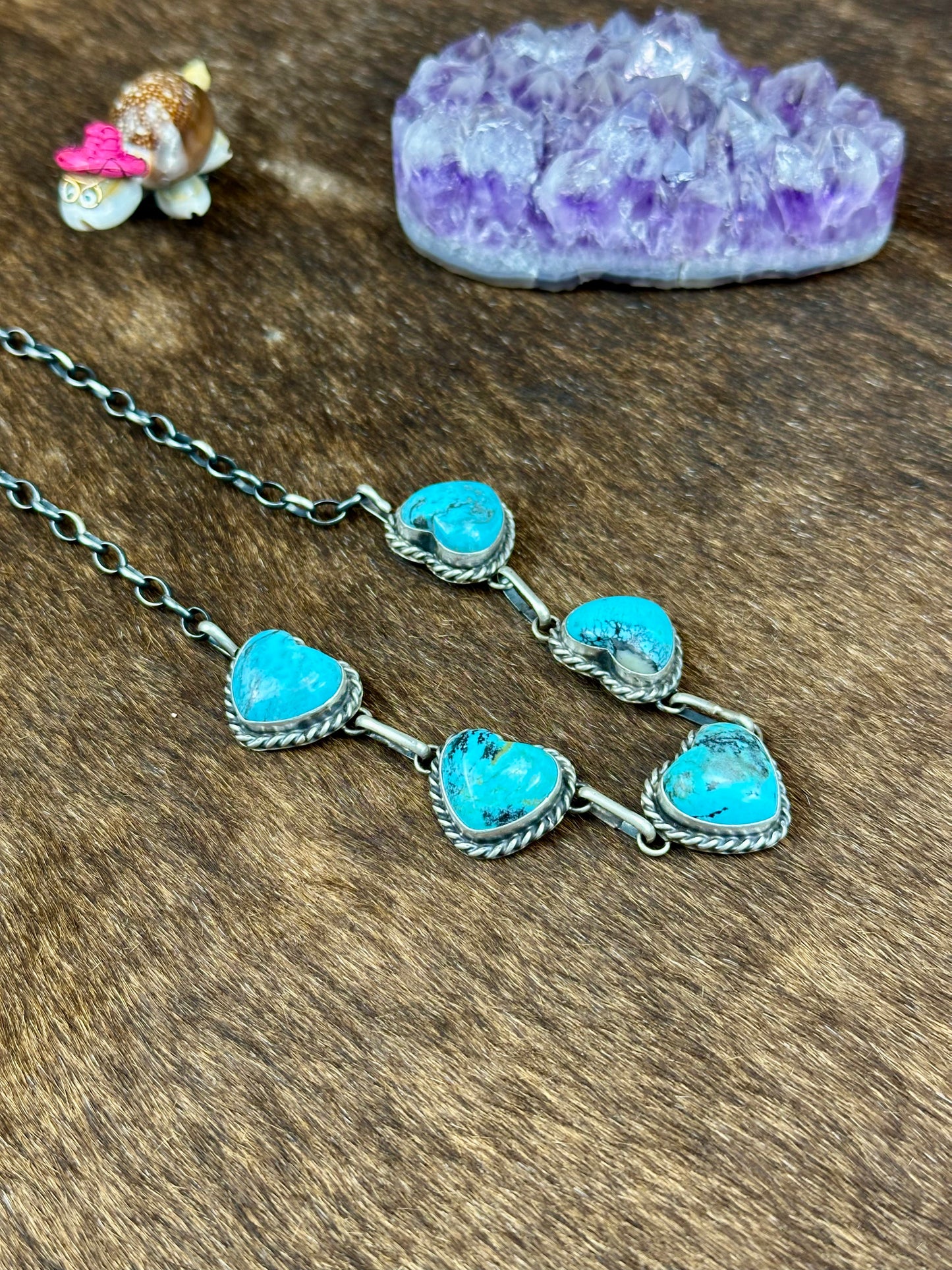 Kingman Turquoise  5 Stone Sterling Silver Heart Choker