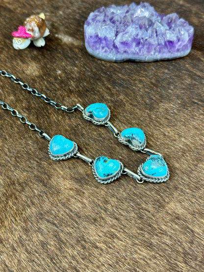 Kingman Turquoise  5 Stone Sterling Silver Heart Choker