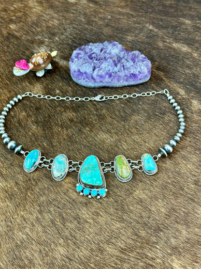 Kingman Turquoise 5 Stone Sterling Silver Claw Necklace
