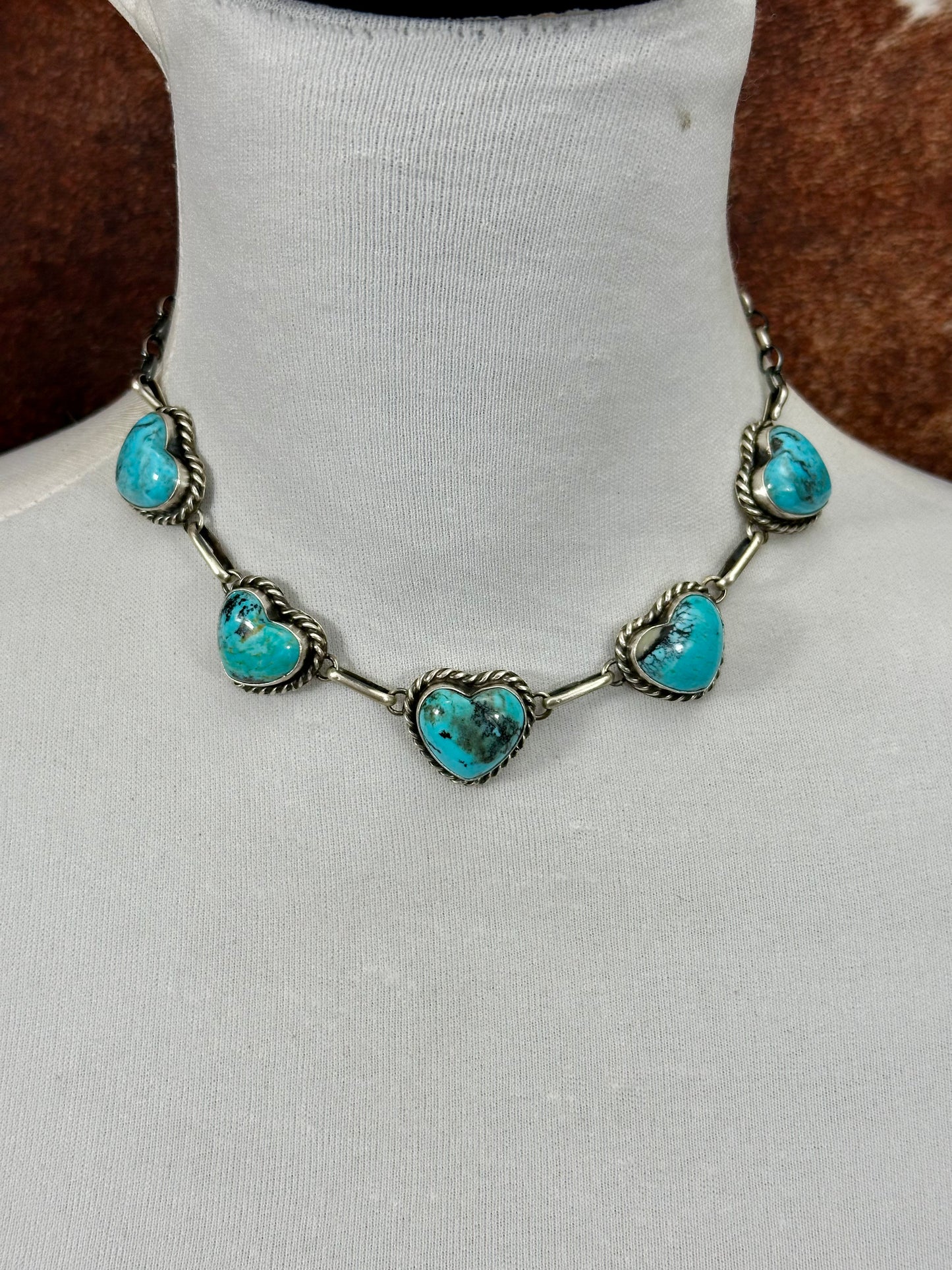 Kingman Turquoise  5 Stone Sterling Silver Heart Choker