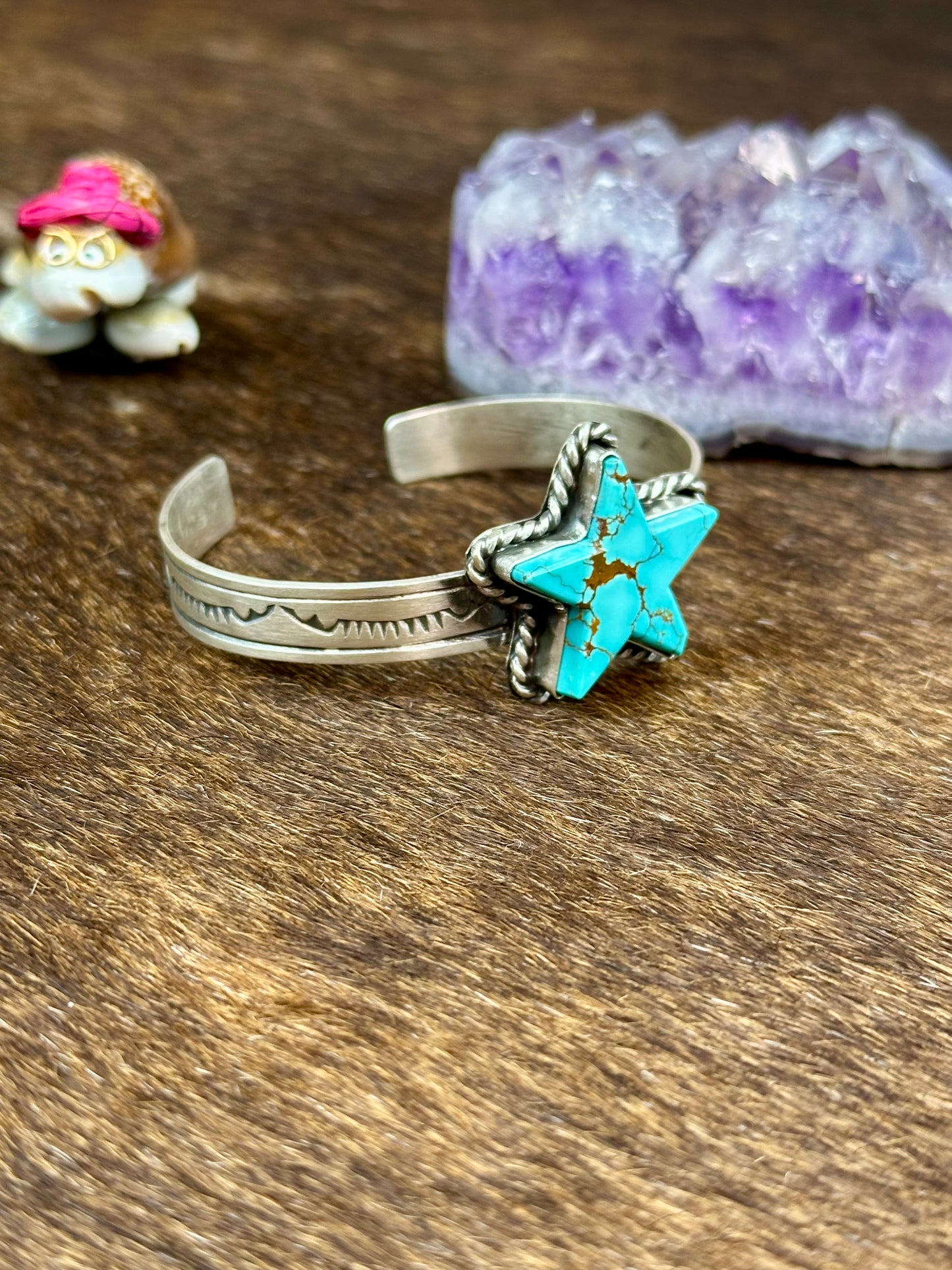 Kingman Turquoise Sterling Silver Stamped Star Cuff