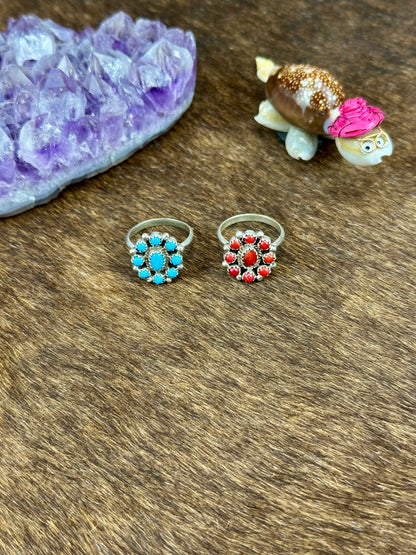 Kingman Turquoise and Red Coral Floral Cluster Rings