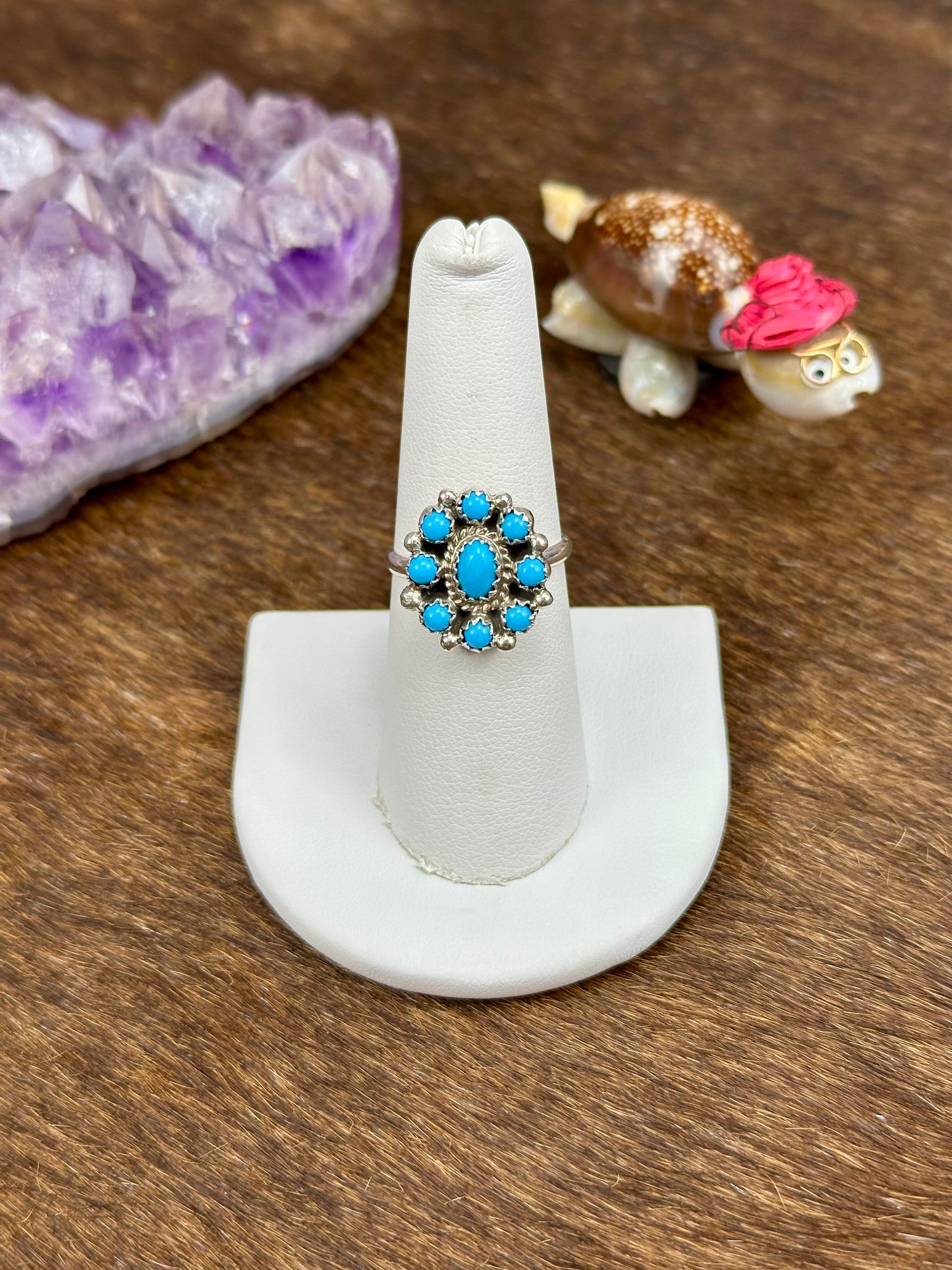 Kingman Turquoise and Red Coral Floral Cluster Rings