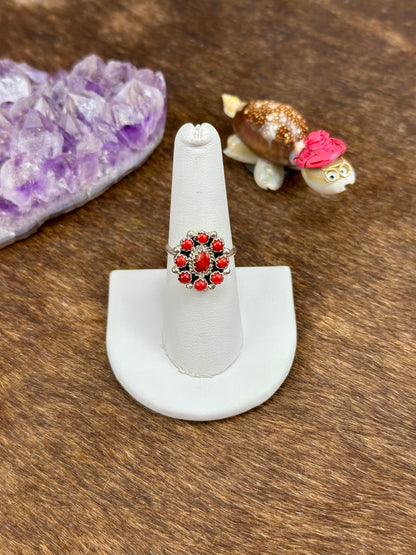 Kingman Turquoise and Red Coral Floral Cluster Rings