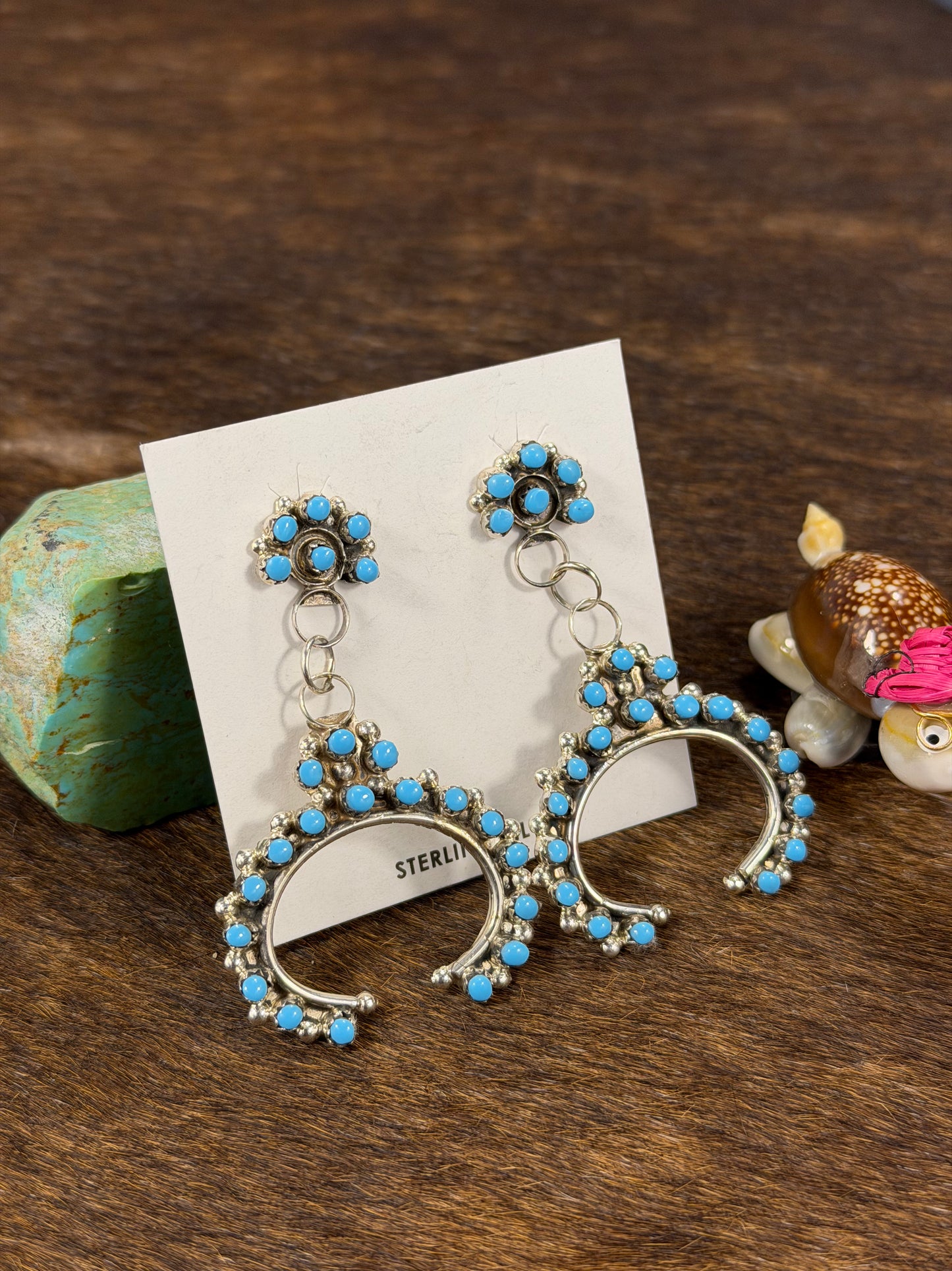 Kingman Turquoise Horseshoes Dangle Zuni Earrings
