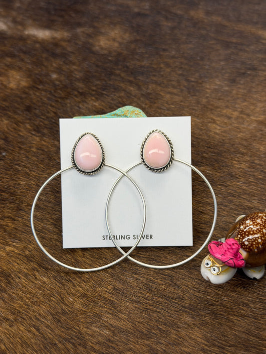 Pink Conch & Sterling Silver Dangle Hoop Earrings