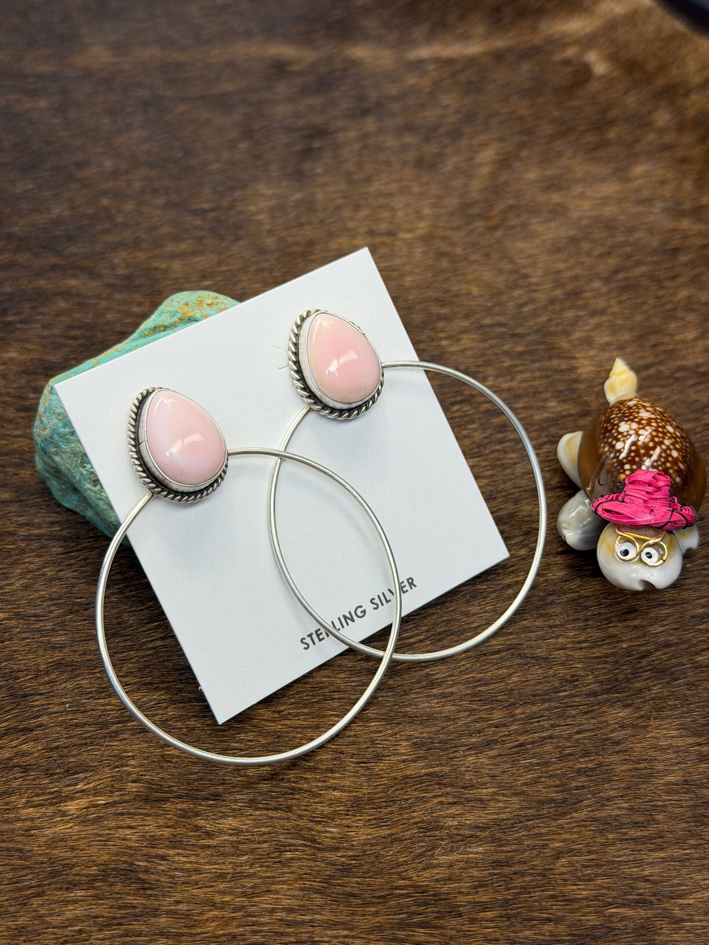 Pink Conch & Sterling Silver Dangle Hoop Earrings