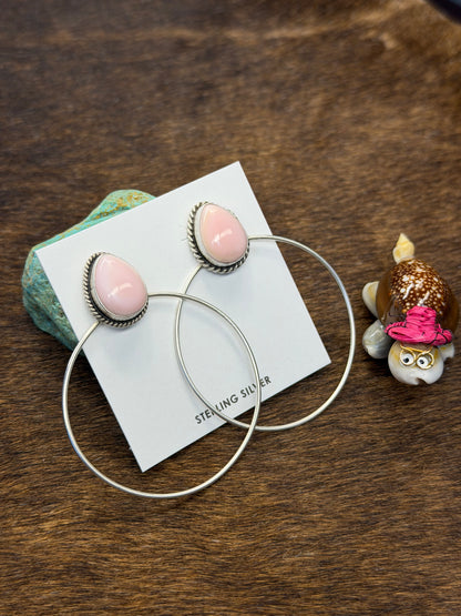 Pink Conch & Sterling Silver Dangle Hoop Earrings