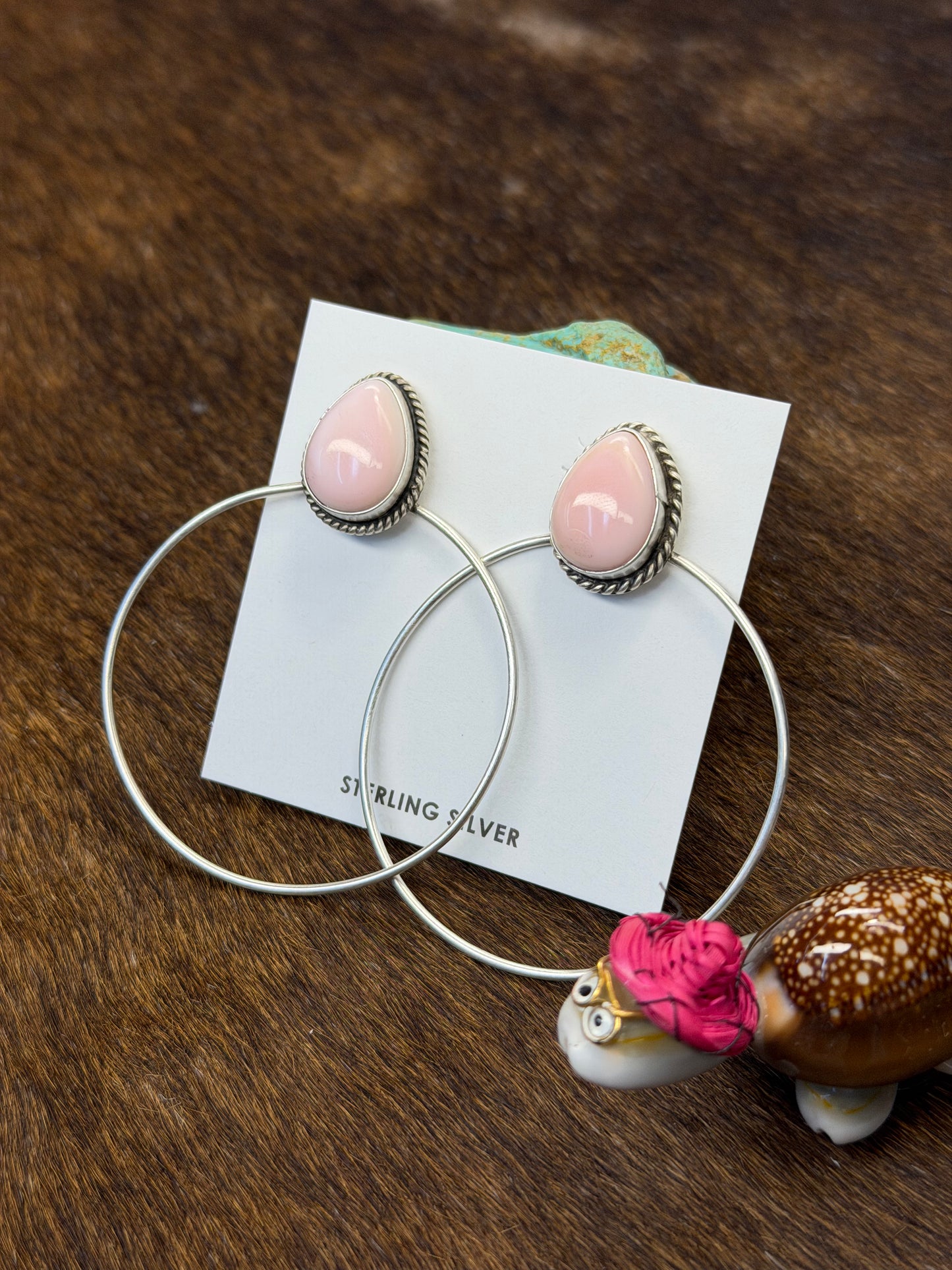 Pink Conch & Sterling Silver Dangle Hoop Earrings