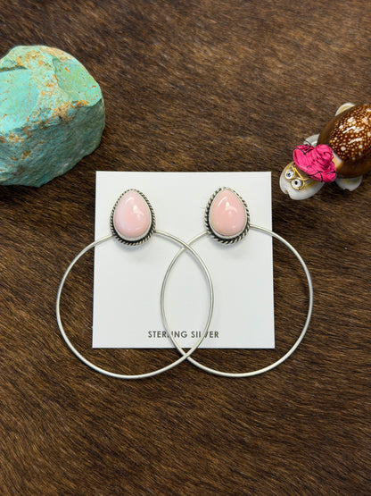 Pink Conch & Sterling Silver Dangle Hoop Earrings