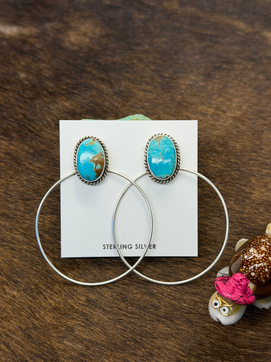 Kingman Turquoise & Sterling Silver Dangle Hoop Earrings