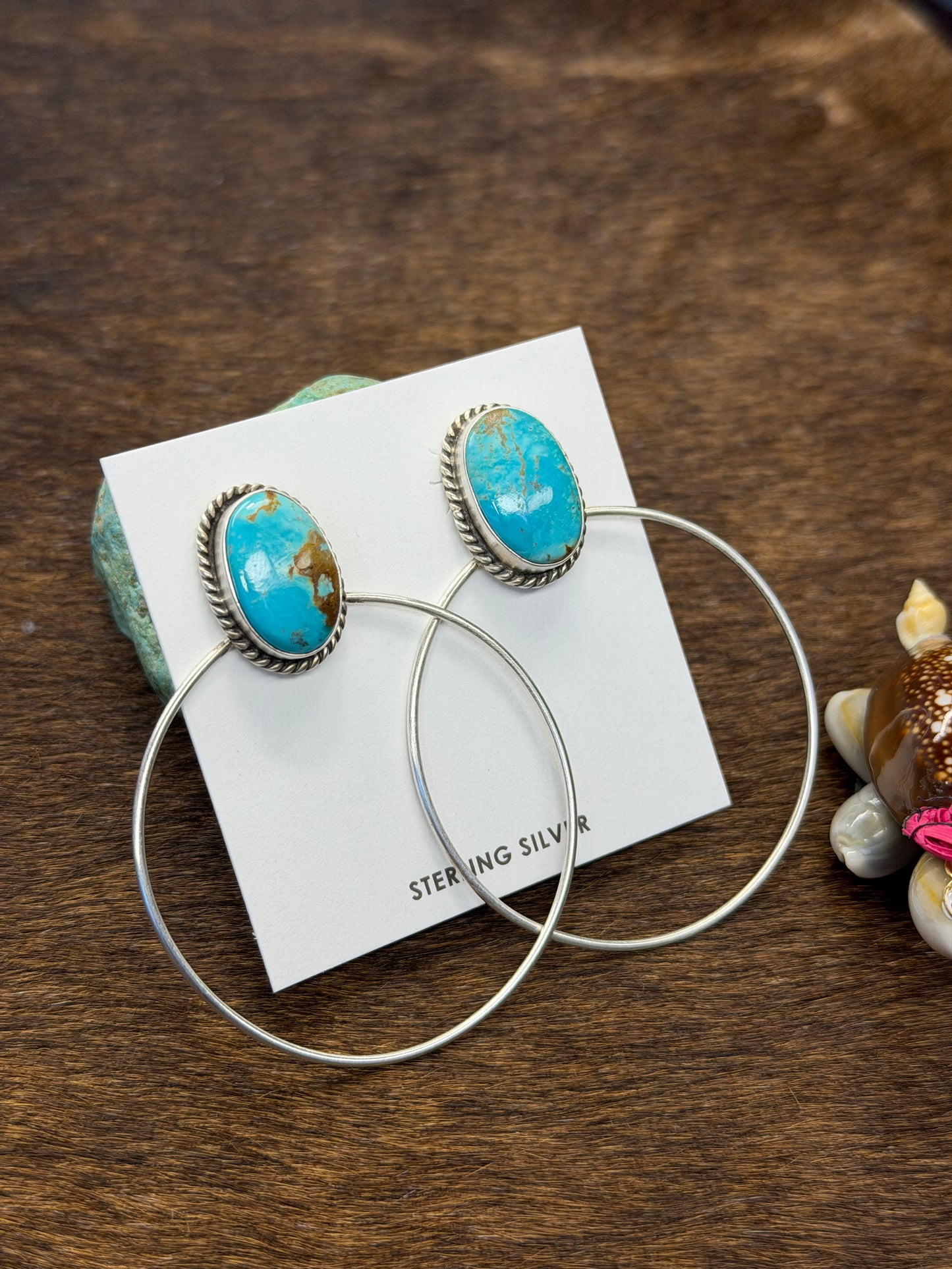 Kingman Turquoise & Sterling Silver Dangle Hoop Earrings
