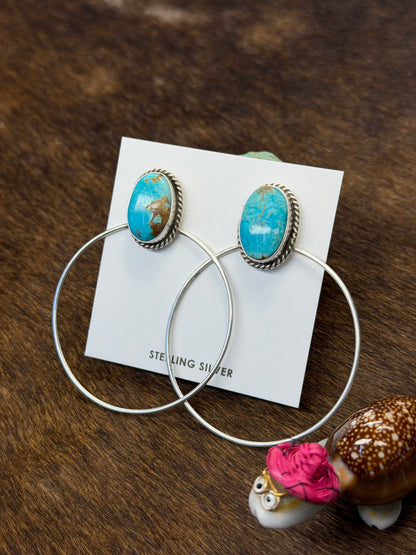 Kingman Turquoise & Sterling Silver Dangle Hoop Earrings