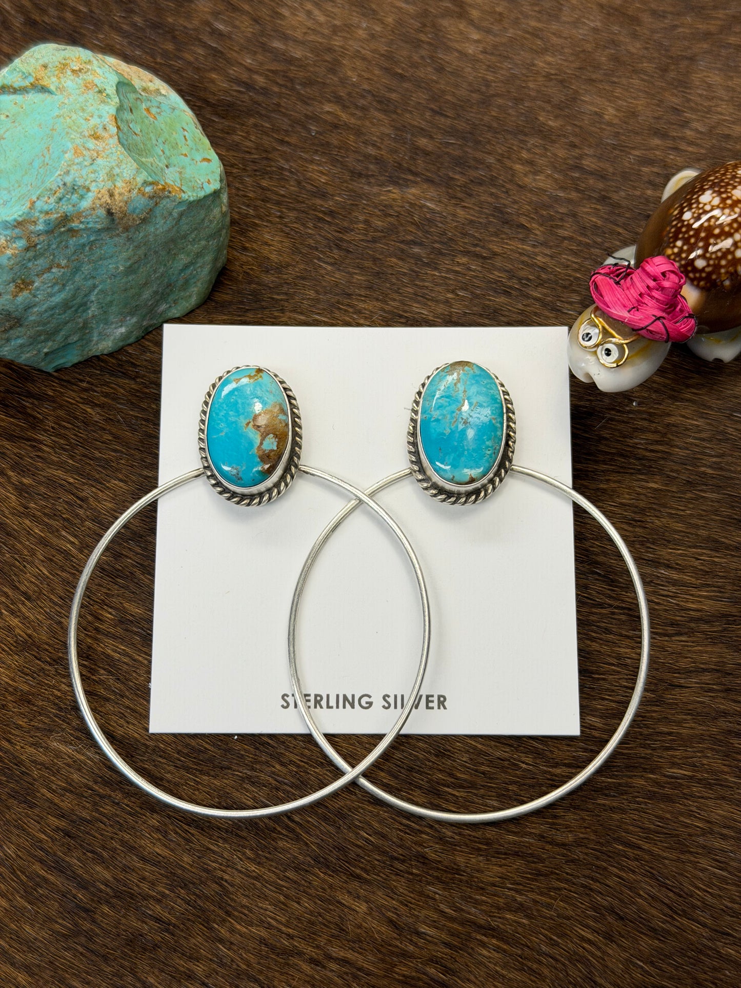Kingman Turquoise & Sterling Silver Dangle Hoop Earrings