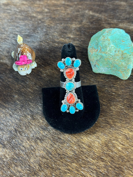 Turquoise and Red Spiny Bow Tie Ring