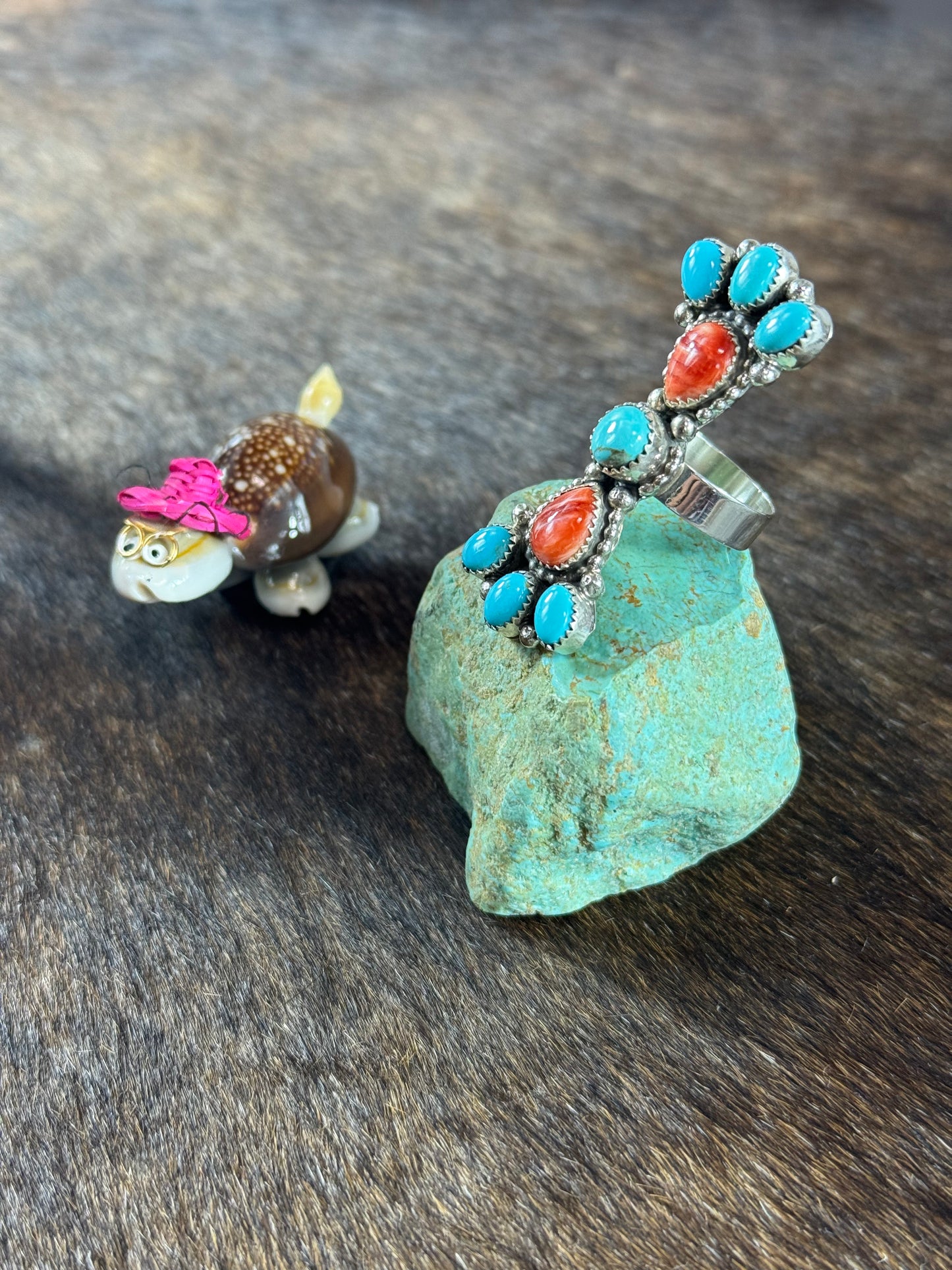 Turquoise and Red Spiny Bow Tie Ring