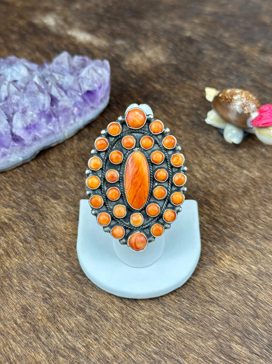 Orange Spiny Sterling Silver Full Cluster Ring