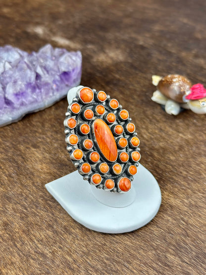 Orange Spiny Sterling Silver Full Cluster Ring