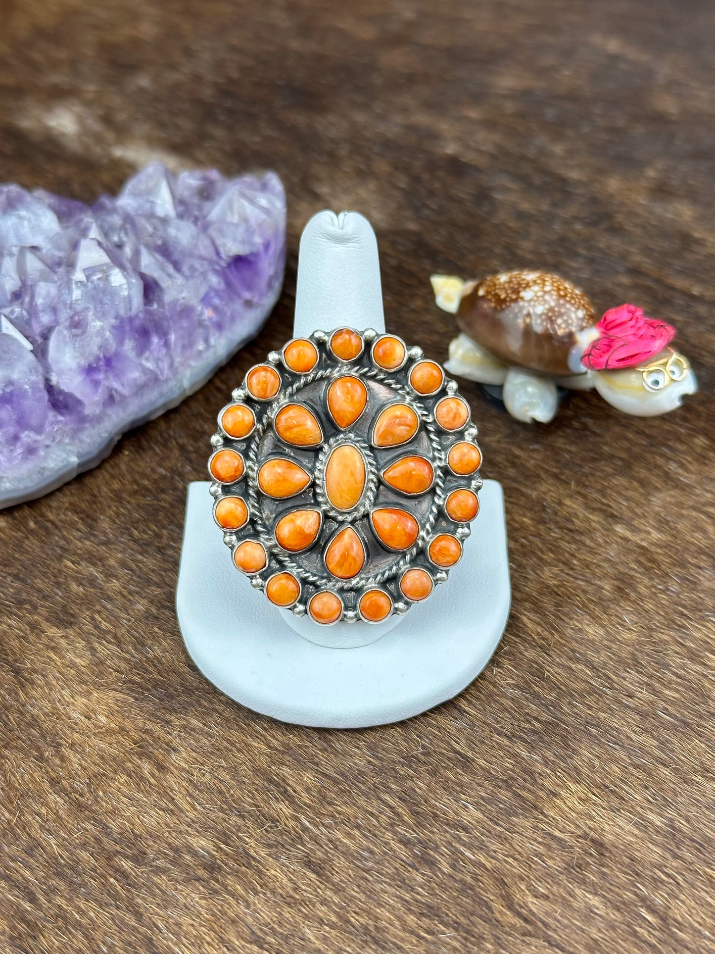 Orange Spiny Sterling Silver Floral Cluster Ring