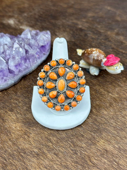 Orange Spiny Sterling Silver Floral Cluster Ring