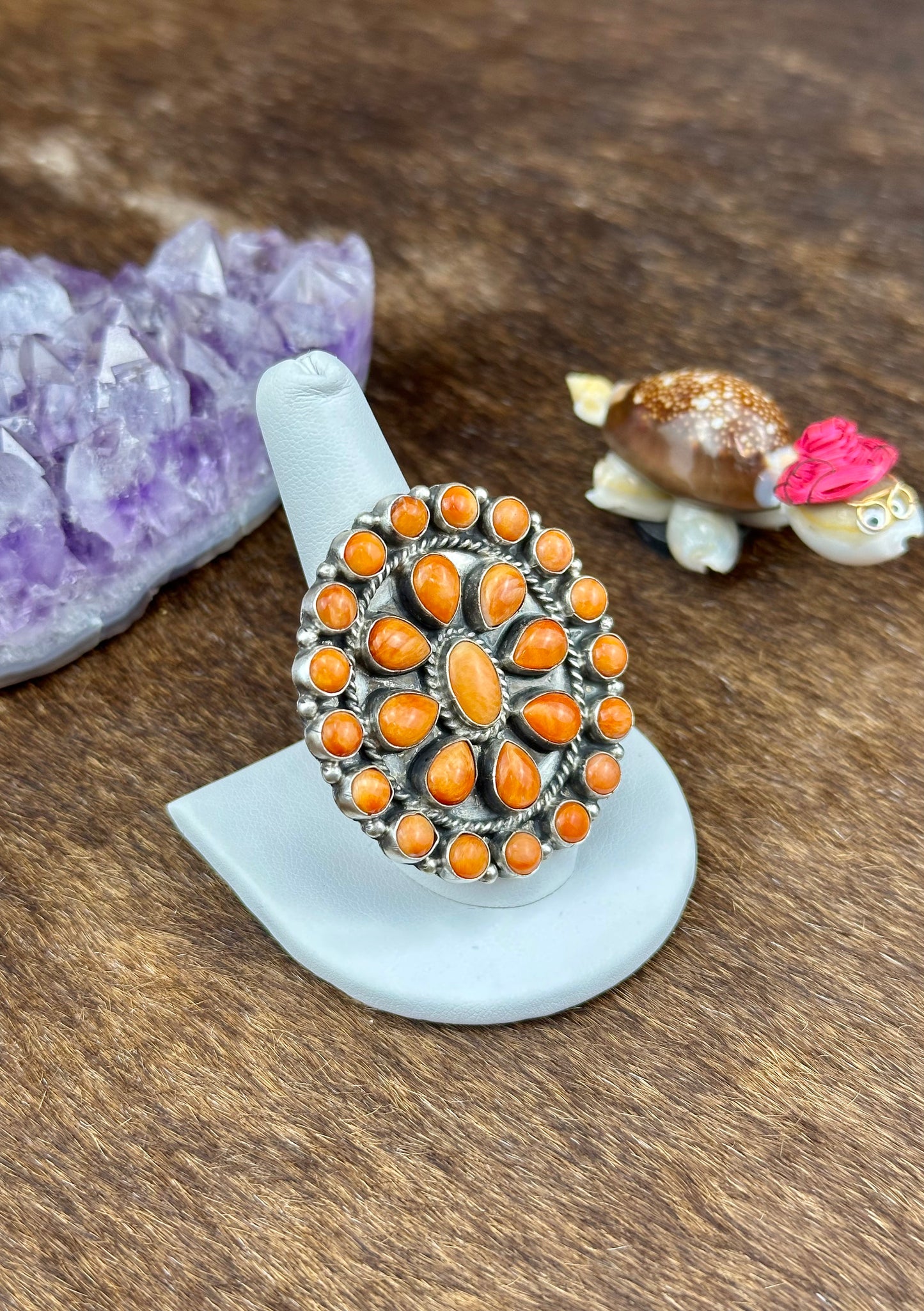 Orange Spiny Sterling Silver Floral Cluster Ring