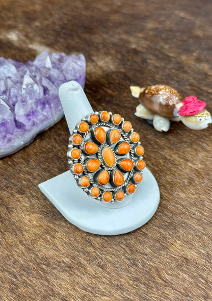 Orange Spiny Sterling Silver Floral Cluster Ring